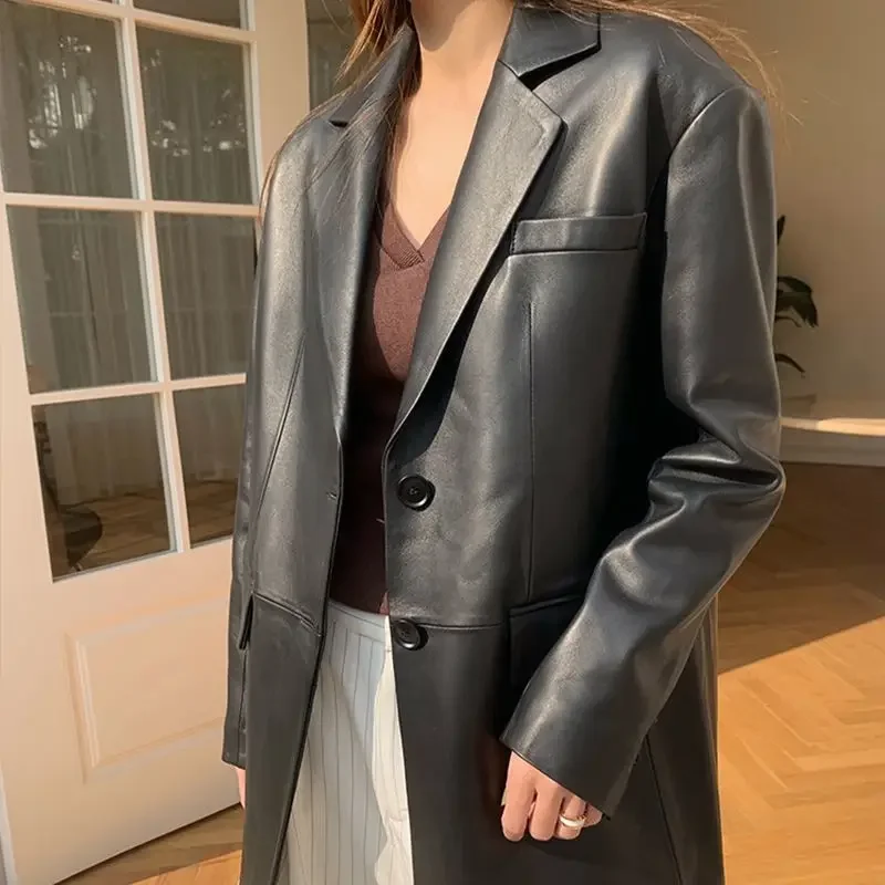 어깨 패드 포함, 중간 길이 가죽 여성 봄 새 워시 가죽 루즈 윈드 브레이커 재킷 가죽 정장 재킷 J136