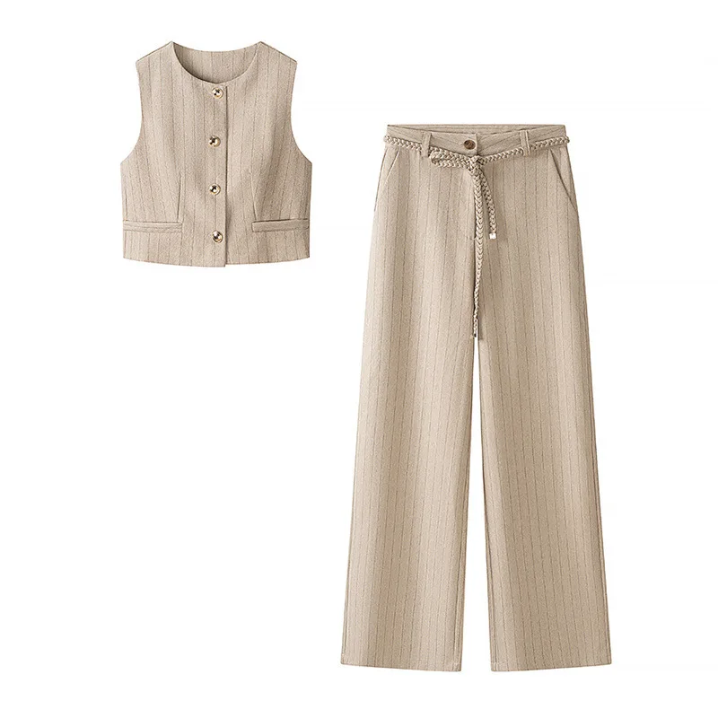 

Withered European And American Style Women's Fashion Temperament Casual Solid Color Round Neck Sleeveless Vest Straight Leg Pant
