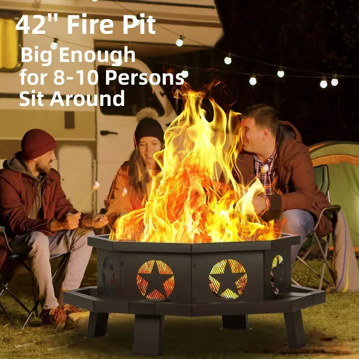 42 inch Fire Pit for Outside, Heavy Duty Wood Burning Fire Pits with Fire Poker, Outdoor Octagonal Firepit for Camping, Patio