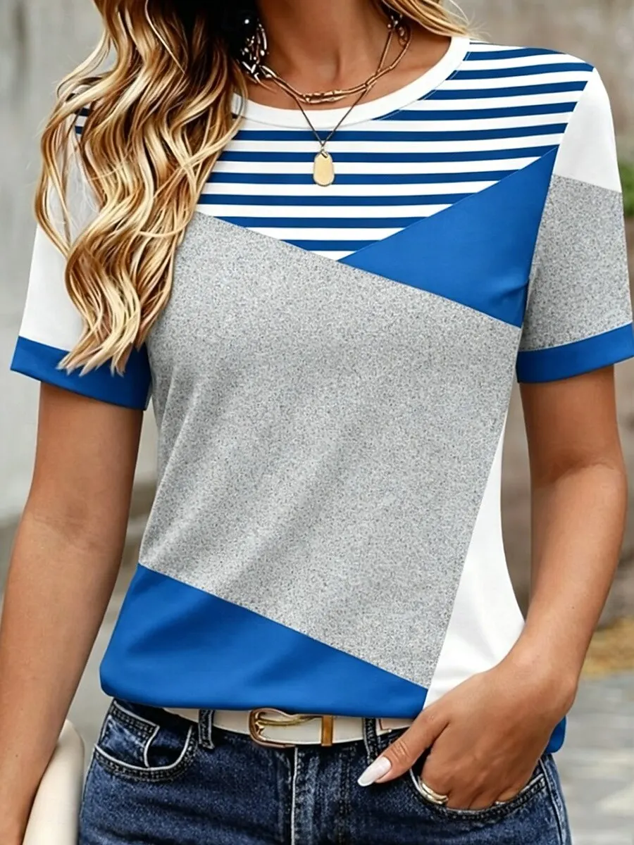 Women's Long Crew Neck Short Sleeve Tee Color Block Geometry Print Vintage Fashion Casual Tops Daily Weekend Outfit for Summer