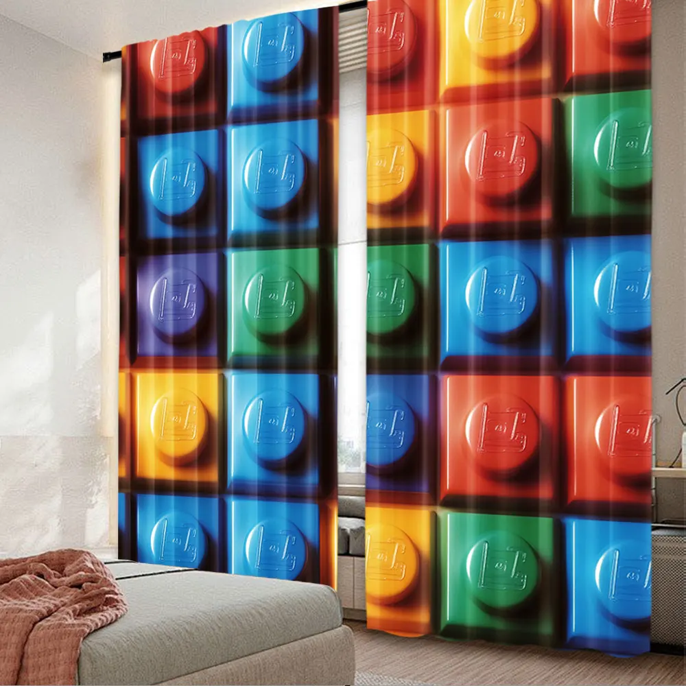 

2Pcs Colorful Building Blocks Print Curtain Geometric Blocks Curtain Suitable For Bedroom Bathroom Living Room Dining Room Study