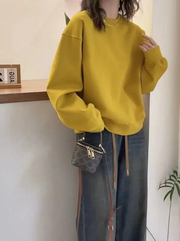 Moletom feminino de alta qualidade com forro de Fce solto ort-Sved primavera outono inverno Faion redondo Ne pull-on longo Sve Jaet