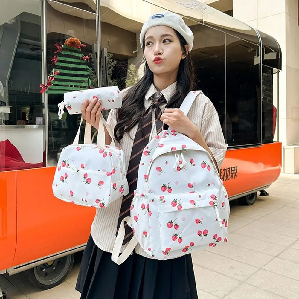 Oxford Cloth Strawberry Backpack Large Capacity Adjustable School Bag with Lunch Bag & Pencil Case Preppy Style Travel Backpack