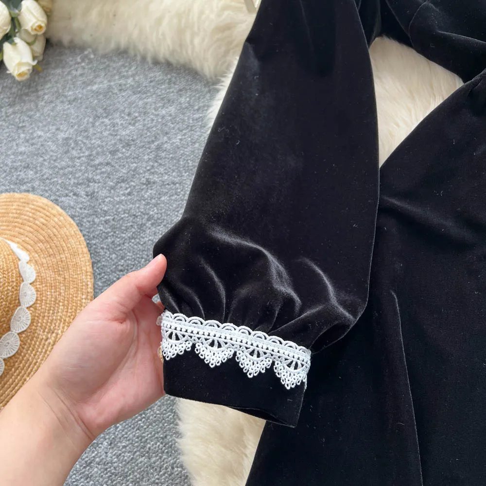 vintage Elegant long sleeve velour lace Dress Chic Vestidos Women Fashion Retro ceremony dresses