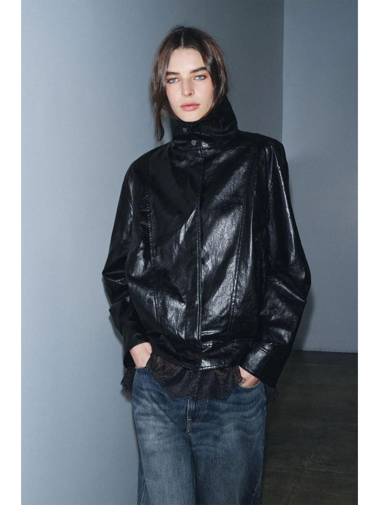 Primavera 2026 Faion Casual Pilot Jaet Cappotto in pelle da donna Sli Commute Sle Long Sve Chiusura con cerniera Vestibilità ampia