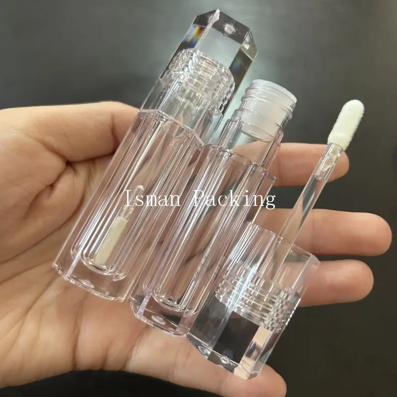 50Pcs empty unique hexagon shaped clear crystal lip gloss packaging bottle thick liquid lipstick container tubes with brush 5ml