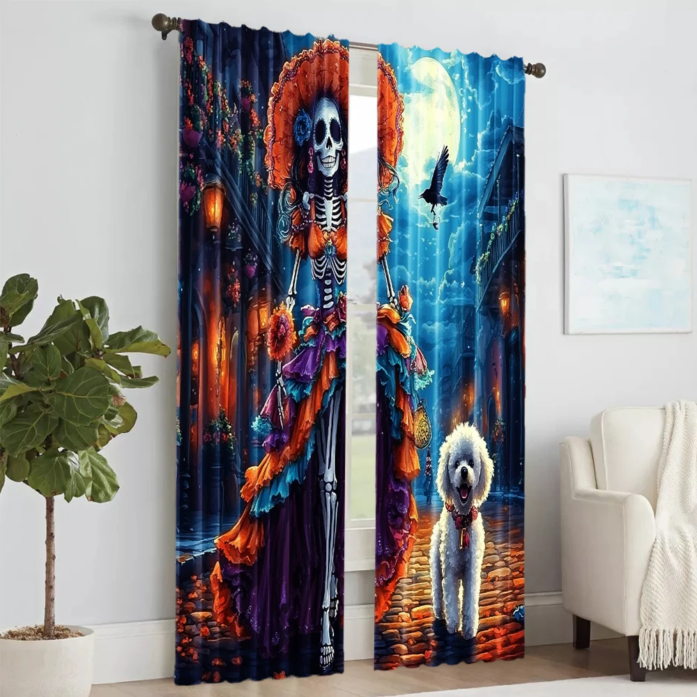 2 pcs, versatile polyester transparent curtains for home decoration Day of the Dead for use in bedrooms and living rooms