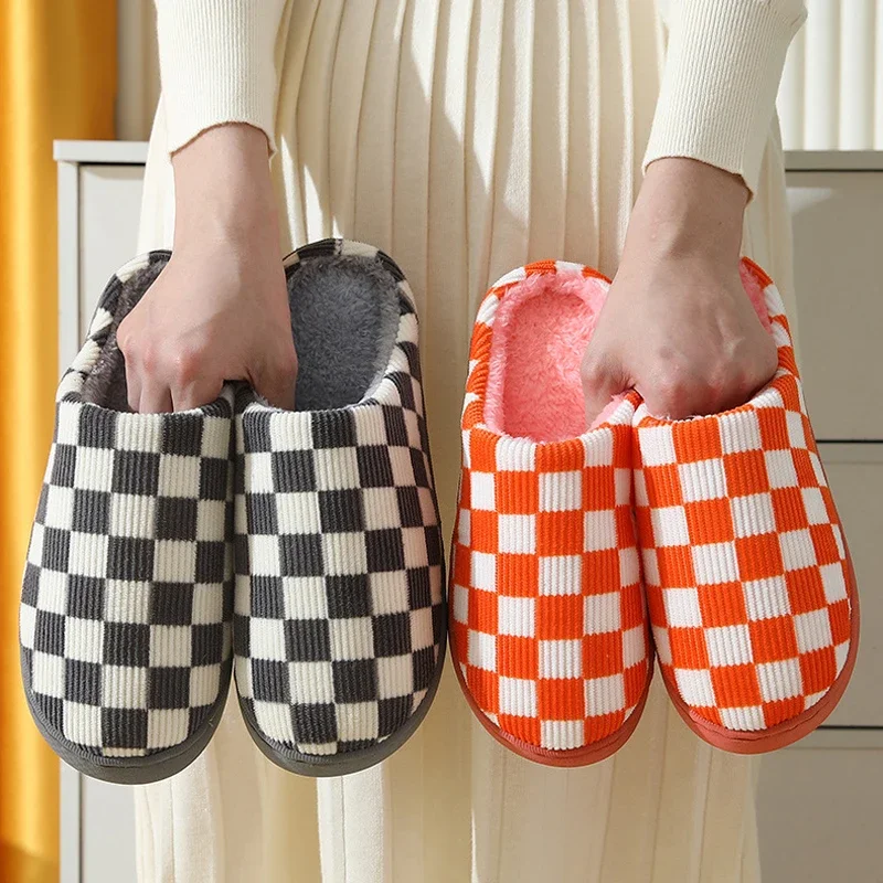 Plaid House Slipper Womens Winter Warm Home Kawaii Cartoon Plush Contton Indoor Funny Cute Fuzzy Floor Shoes Female Checkerboard