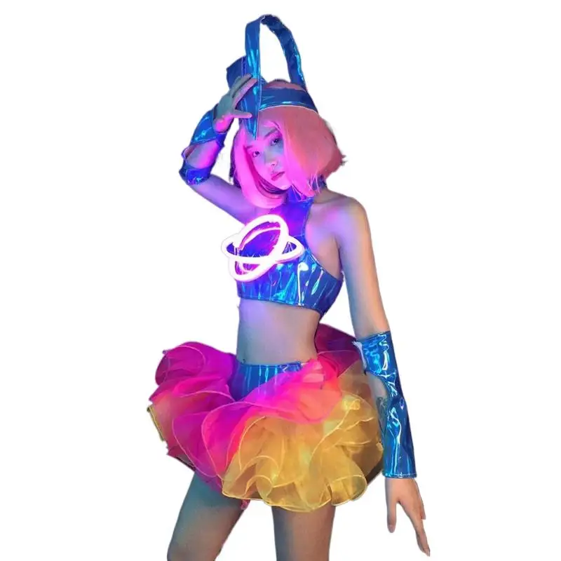 

Sexy Festival Light Dance Costume LED Tops Tutu Skirt Outfit Women Dancer Future Technology Performance Stage Wear Bar Clothes