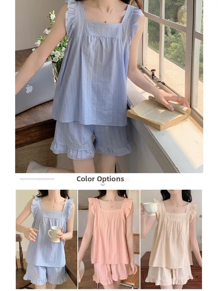 

Летний хлопковый спортивный костюм, женский милый комплект домашней одежды на бретелях, брюки, комплект из двух предметов, круглое платье с атласом из нелона