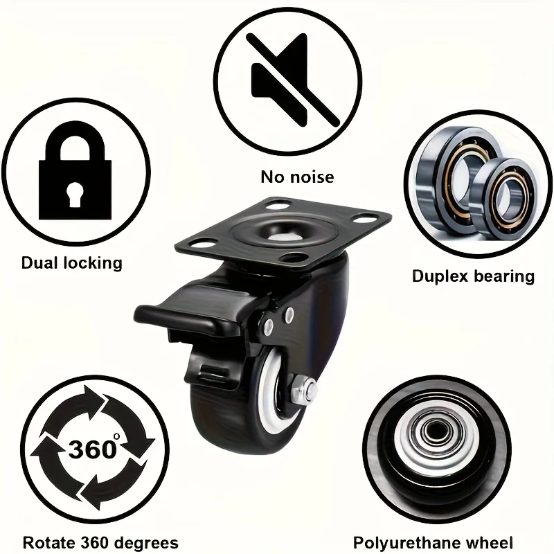 4pcs 1.5 Inches 2inch Heavy Duty 180kg Black Swivel Castor Wheels Trolley Furniture Caster Rubber Flat Brake Gold Drill Caster
