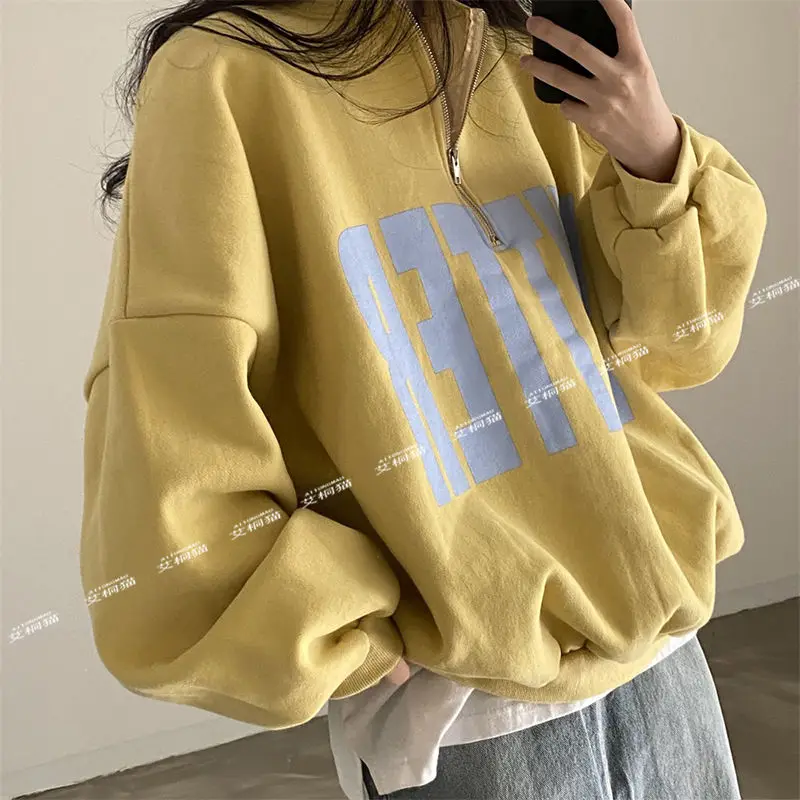 Fashion All-match Stand Collar Zip Sweatshirts Autumn New Letter Print Tops Women Y2k Long Sleeve Sweatshirt Mujer