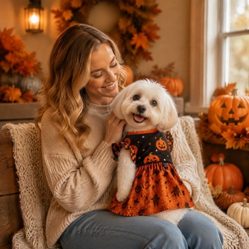 Breathable Halloween Pet Dress Comfortable Color-blocking Dog Pumpkin Print Dress Soft Halloween Dog Clothes Halloween