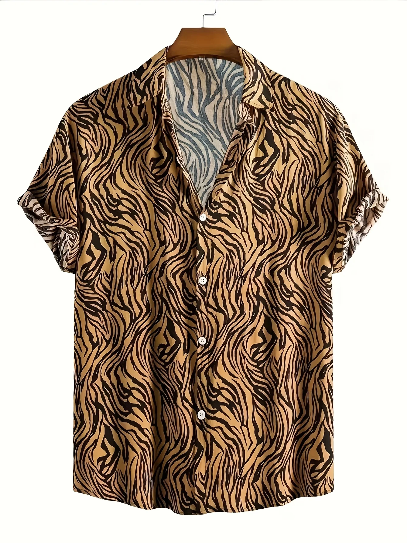 Men Brown Zebra Stripes Wild Personality Stretch Street Short Sleeve Shirt