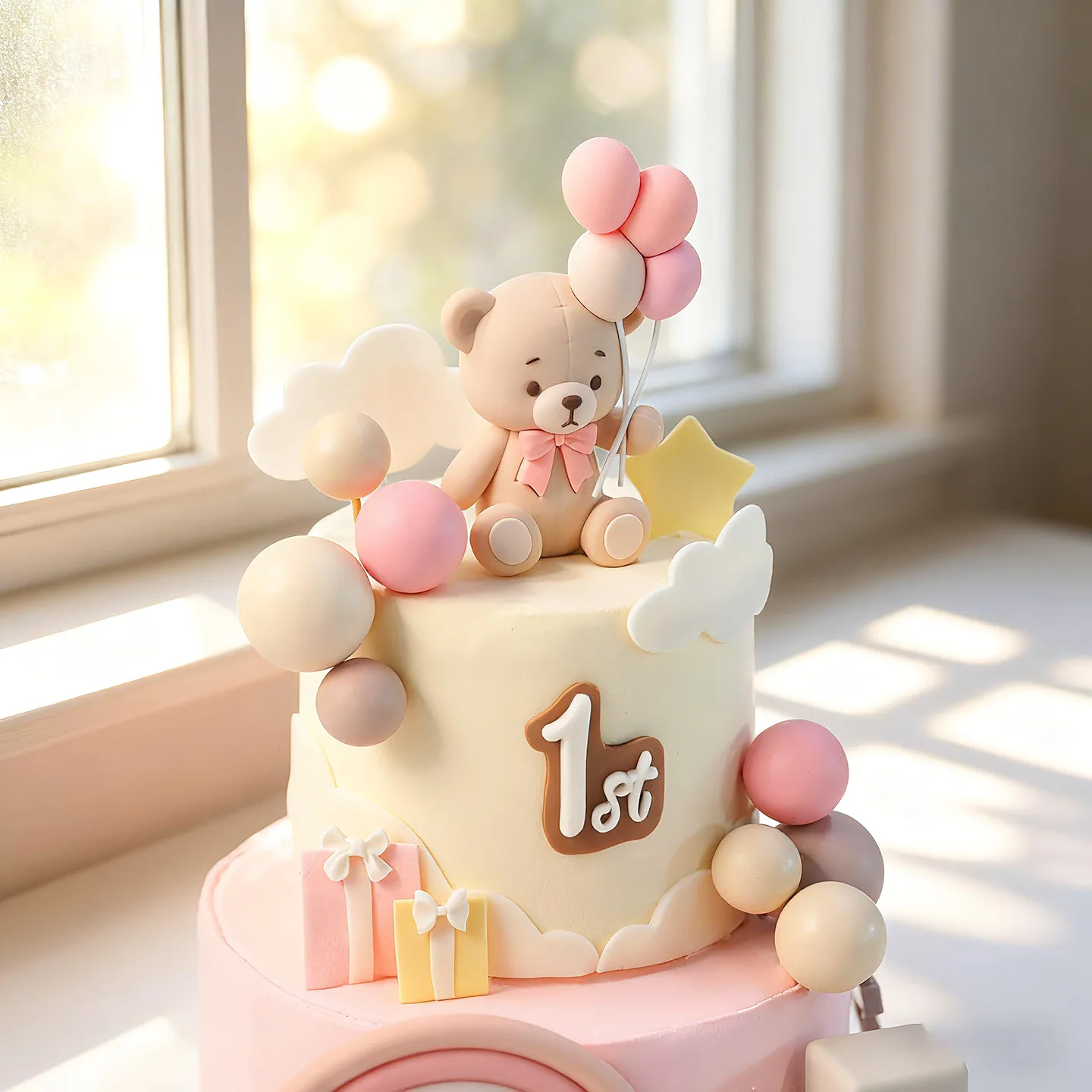 Bären-Kuchendekoration Babybär mit Ballon-Wolke Kuchenaufsatz Rosa Schleife Bär Regenbogen Kuchendeko für Geburtstag Babyparty – Detail 3
