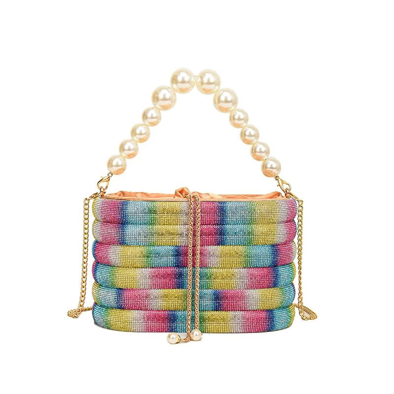 2024 Spring New Women\'s Bag Colorful Bright Diamond Shoulder Bag Pearl Decoration Handbag Key Bag Wallet Fashionable and Shiny