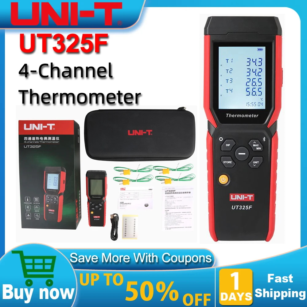 UNI-T UT325F 4 Channels Thermometer for K J T E R S N Type Thermocouples Digital Temperature with Data Storage Analysis Software