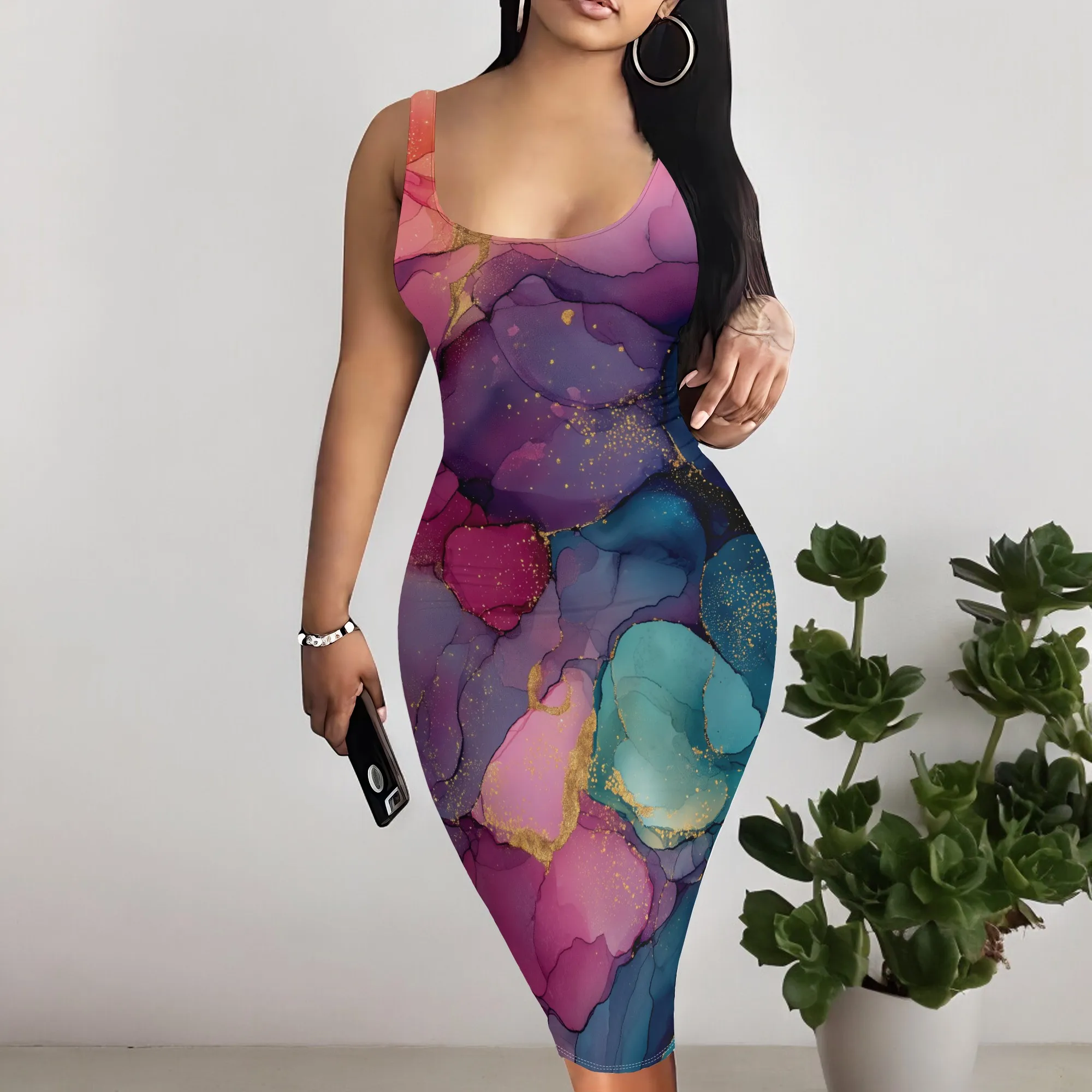 

Women's Bodycon Midi Dress Elegant Ink Marble Print Sleeveless Party Dress S-3XL