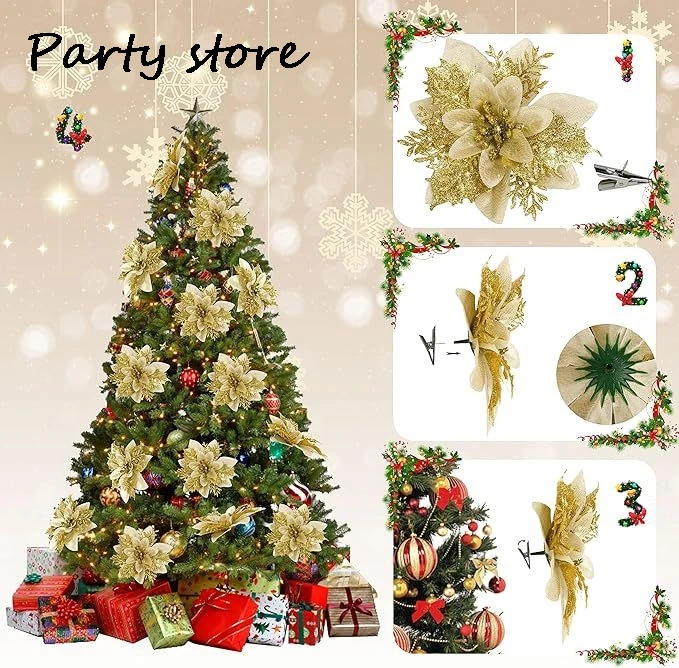 Blue Glitter Christmas Flower 2024 Xmas Tree Artifical Flower Ornaments Merry Christmas DIY Decoration Home Happy New Year Party