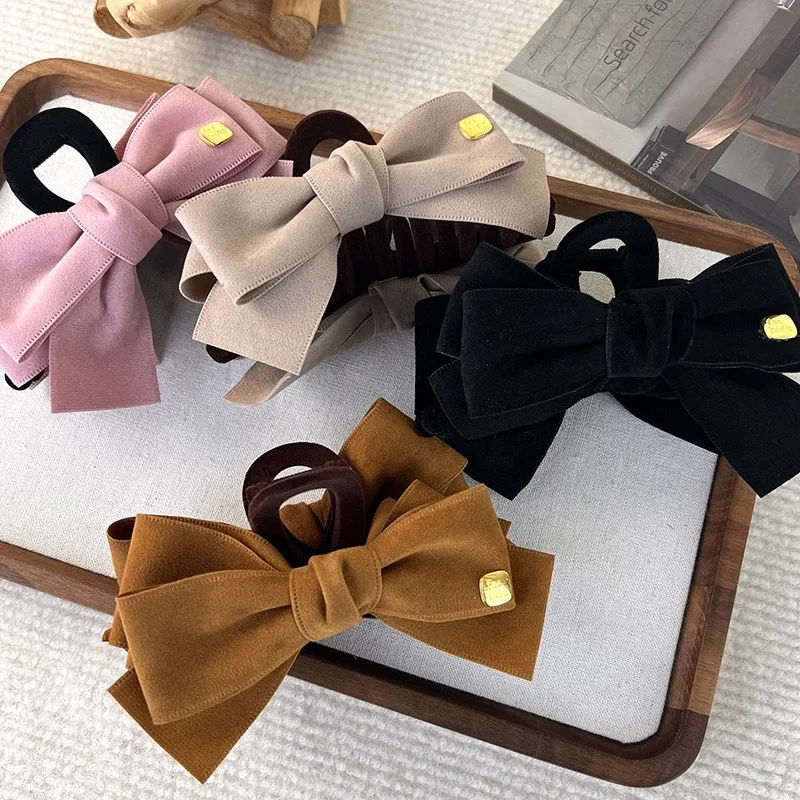1pc Maillard-style autumn and winter retro suede large bow shark clip, versatile, fashionable, and sweet hair clip