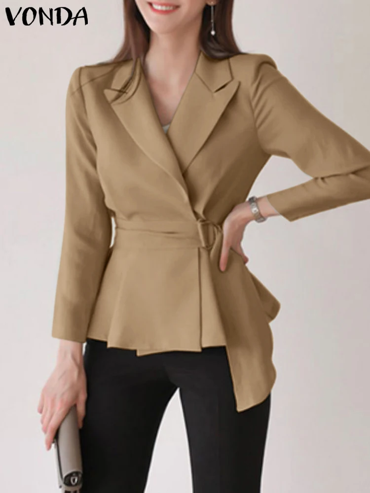 Women Elegant Long Sleeve Blaser 2024 VONDA Fashion Solid Color Coats Autumn Sexy Lapel Neck Outwears Suits Oversized Femininas