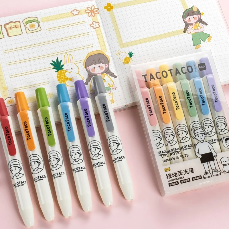 6PC Press The Highlighter Pen To Protect Your Eyes  Morandi Retro Color Series Students Use The Key Marking Hand Account Color P