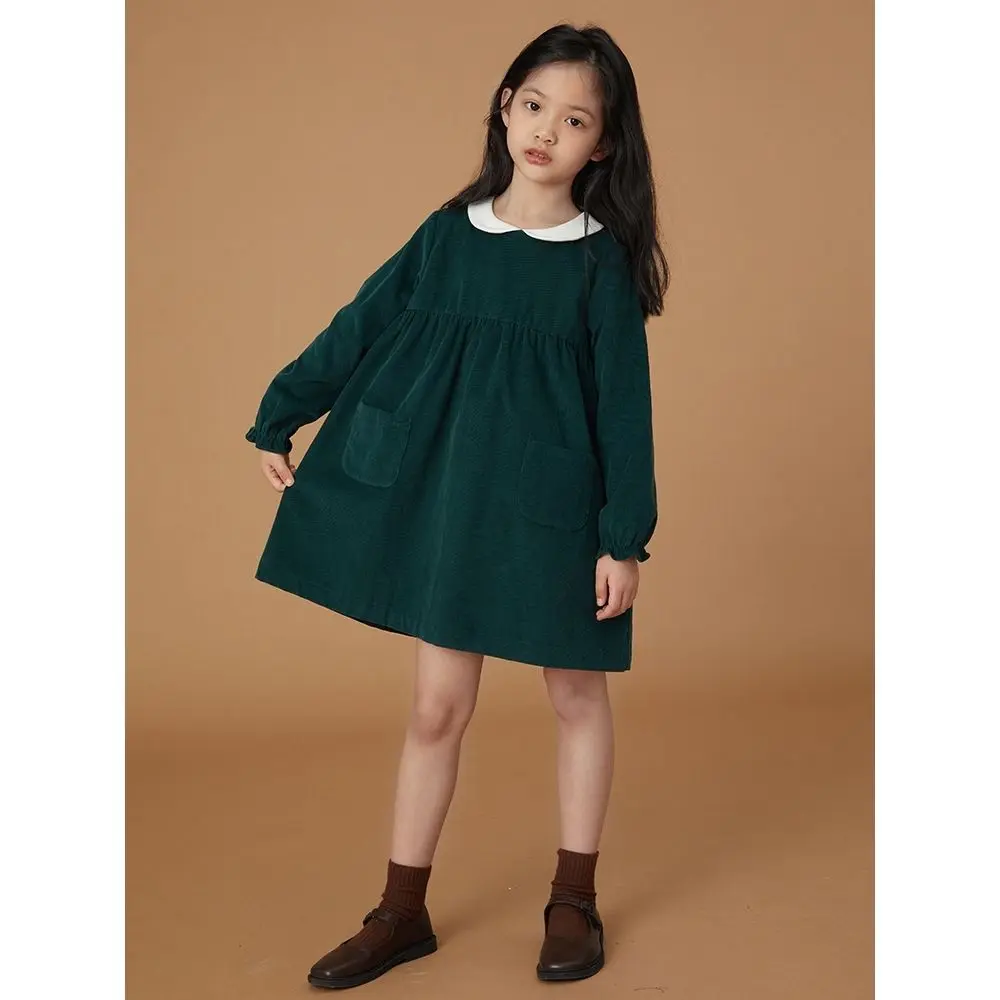 

Girl Dress 2023 New Spring Autumn Korean Fashion Style Corduroy Dress Girls Solid Doll Collar Long Sleeve Dress Casual Dresses