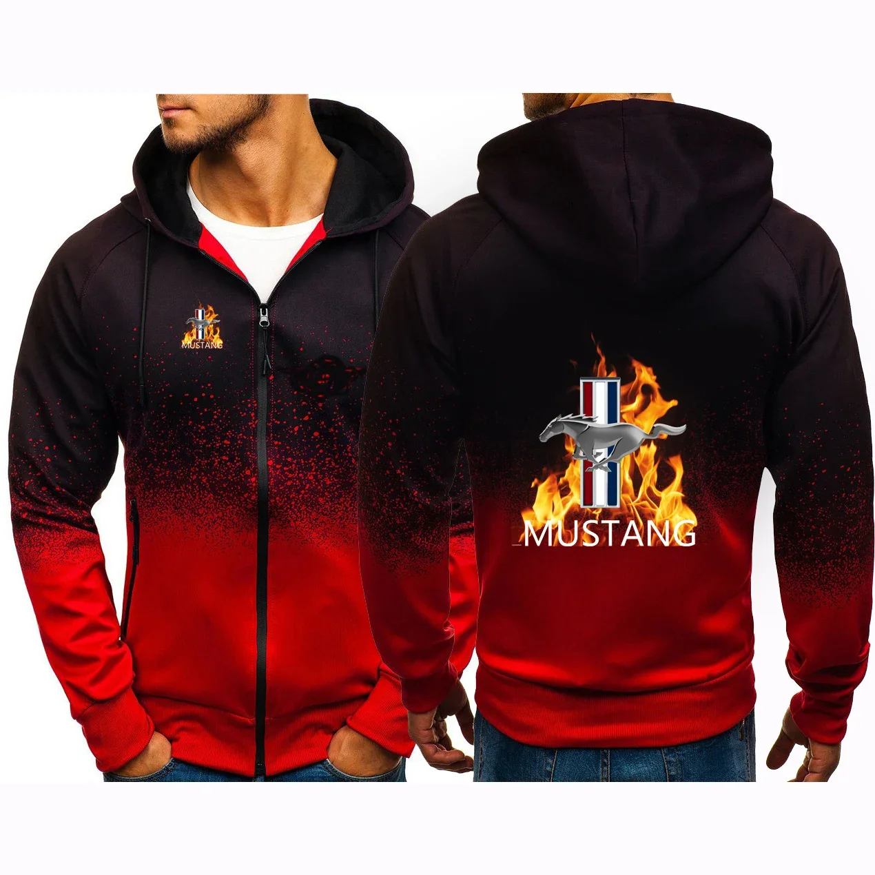 2024 Spring Autumn Men's Mustang Print Personality Gradient Color High Quality Casual Popular Cardigan Breathable Hooded Jackets