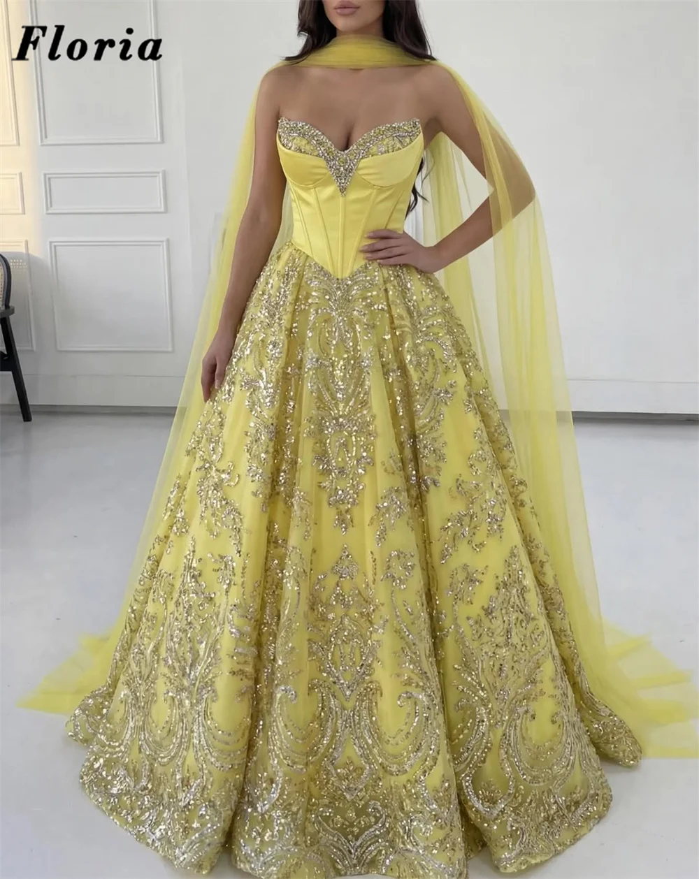 

Glitter Beaded Ball Gown Evening Dresses Yellow 2026 Customized Strapless Cocktail Prom Dress Dubai Women Engagement Party Gowns