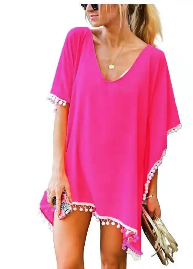 

2023 Spring Summer Seaside Holiday Beach Blouse Casual Breathable Solid Color Chiffon Fringed Women Beach Skirt Blouse Rose Red