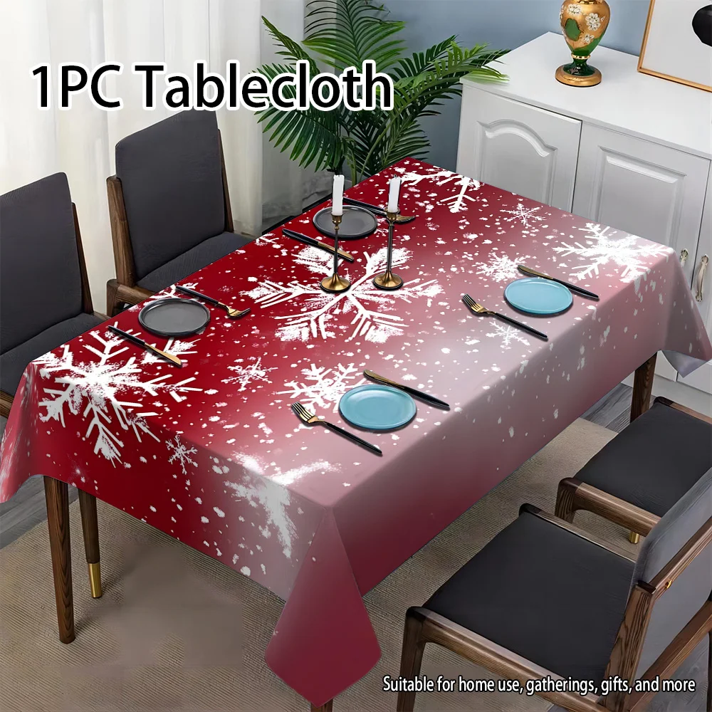 Xmas Red Snow Tablecloth, White Snowflake Print Waterproof Rectangular Cover for Holiday Buffet & Living Room Sideboard Decor