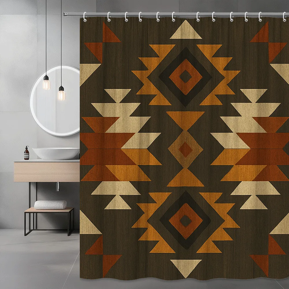 

Занавеска для душа с этническим ацтекским узором, коричневая и оранжевая, геометрический дизайн, бохо, этнический декор для ванной комнаты, водонепроницаемая, поднимает пространство