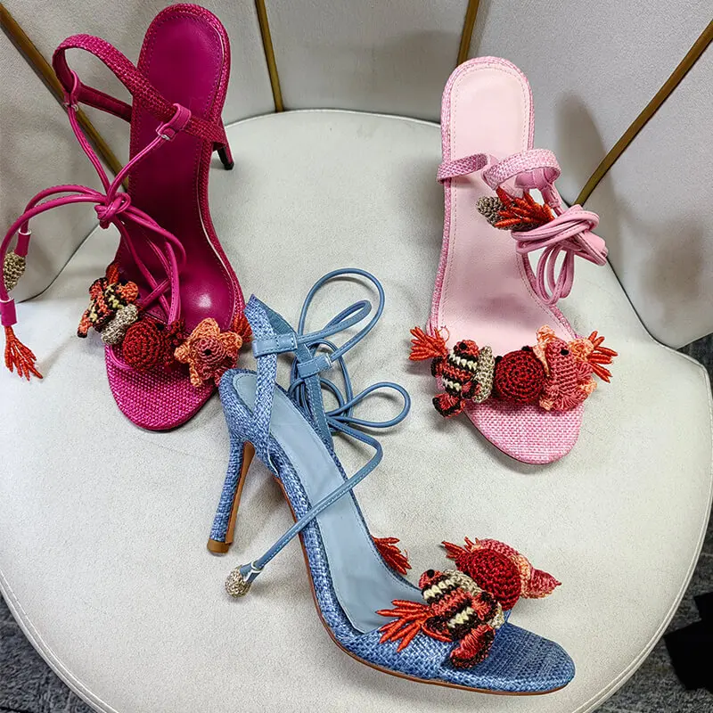 Onlymaker Women Open Round Toe Woven Embellished Ankle Strap Sandals Thin Heel Big Size Sandals