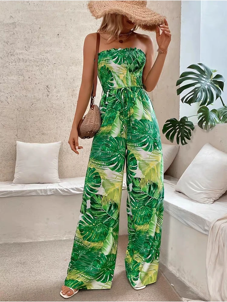 2024 New Summer Women Casual Holiday Beach Rompers Bohemian Leaf Print Jumpsuits Sleeveless Sexy Long Jumpsuit