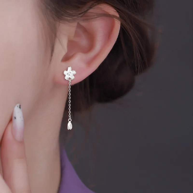Cherry Blossom Tassel Screw Earrings Autumn New China-Chic Classic Elegant Female Flower Leaf Chain Earrings Jewelry