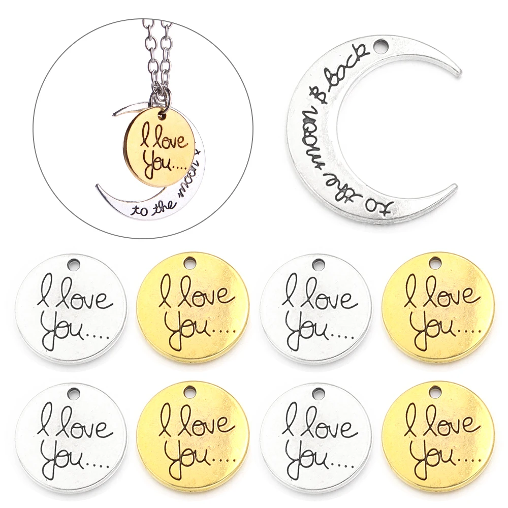 10pcs/lot Retro Alloy Pendant Double-sided Engraved Letters Round Moon Shaped Necklace Pendant DIY Handmade Fashion Jewelry Gift