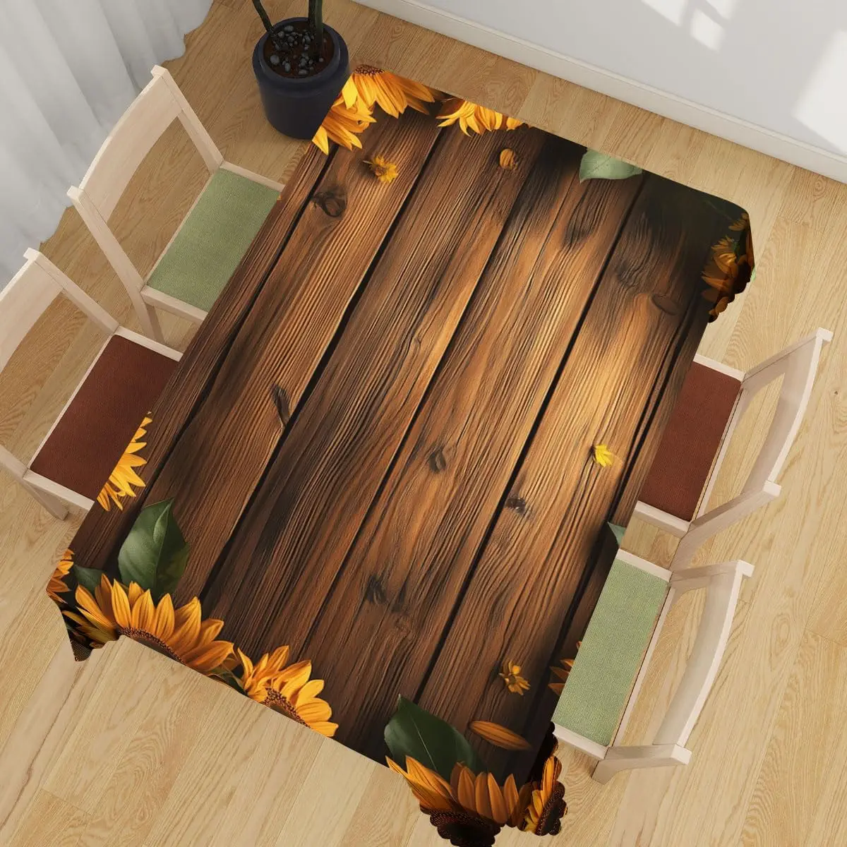 Rustic Wood Grain Sunflower Tablecloth, Premium Retro Farmhouse Table Cover for Cozy Kitchen Dinner Holiday Party