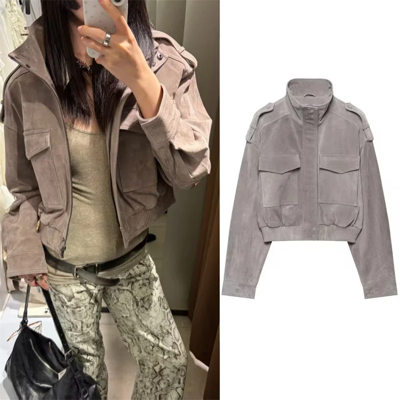 Guobioziy Women's Jacket 2026 Fall/Winter New Gray Long-Sleeve Pocket-Decorated Short Jacket Parka Motorcycle Fashion