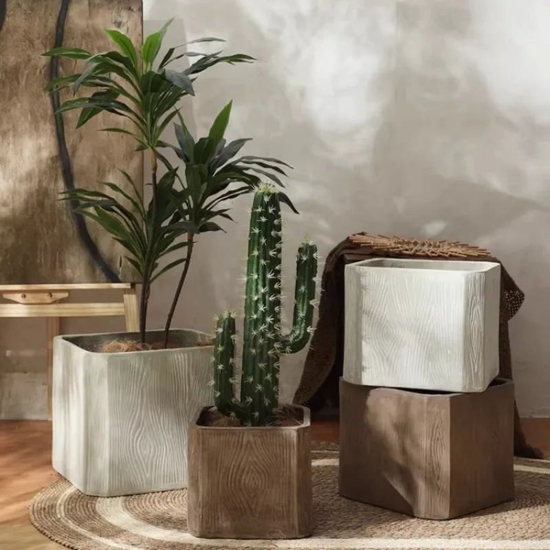 Vintage Large Square Planter, Rustic Wood Grain Flower Pot with Distressed Finish,Antique Plant Container for Indoor Outdoor