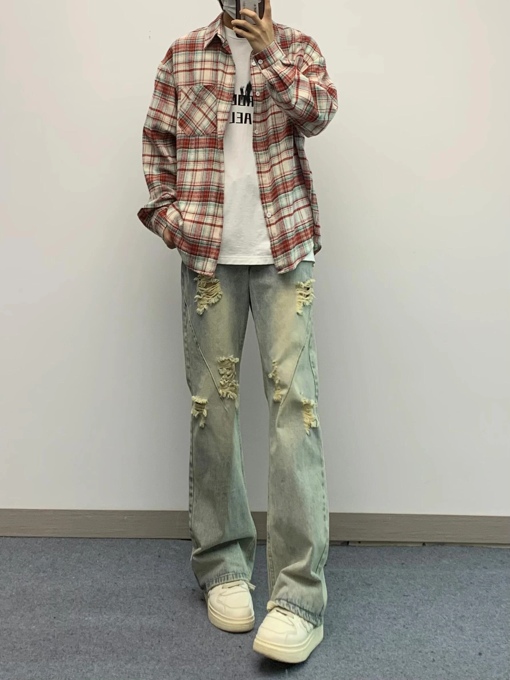 

Красно-белый клетчатый длинный свек, повседневный мужской топ свободного покроя, молодежный, ранняя осень, модный хлопковый студенческий топ