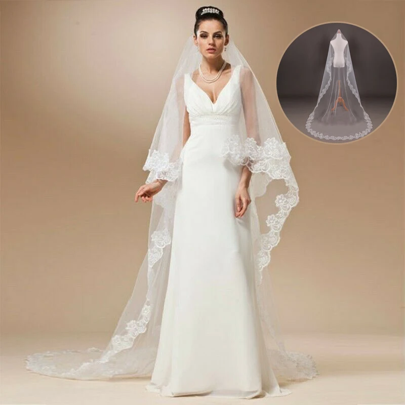 Long Lace Wedding Veil 3 /1.5meters Long White Ivory Cathedral Bridal Veil With Comb Wedding Accessories Bride Headpieces