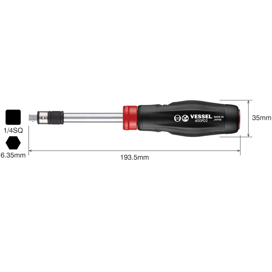 Vessel 2 Way Power Driver Handle That Can Be Used with Both Sockets and Bits 6.35sq. Hand Tool Accessories NO.400PD2