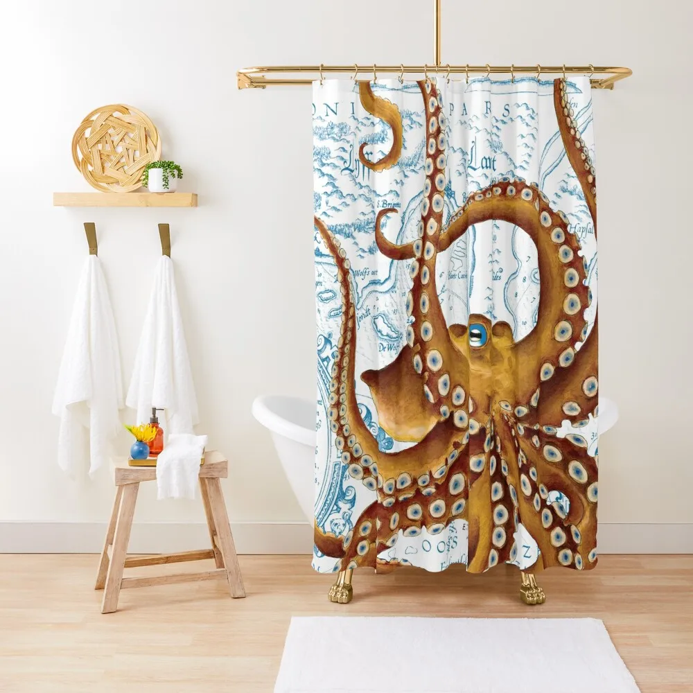 

Brown Octopus Vintage Map Art Shower Curtain Waterproof Shower For Bathroom Shower Anti-Mold Waterproof Curtain