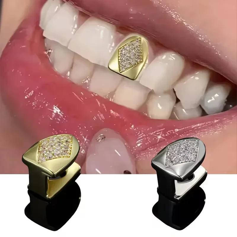 5A+ CZ Stones Rhombic Hip Hop Grillz Dental Grills Iced out Single Tooth Caps for Women Men Jewelry Gift