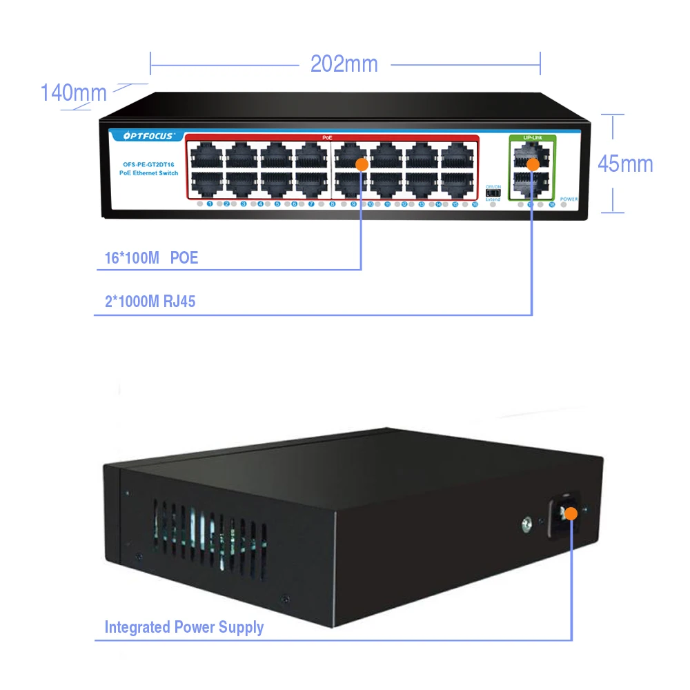 OPTFOCUS PoE 네트워크 스위치, 기가비트 허브 스위치, 16 포트 POE 스위치, 52V, 200W, 802.3AF AT, 10, 100, 1000Mbps