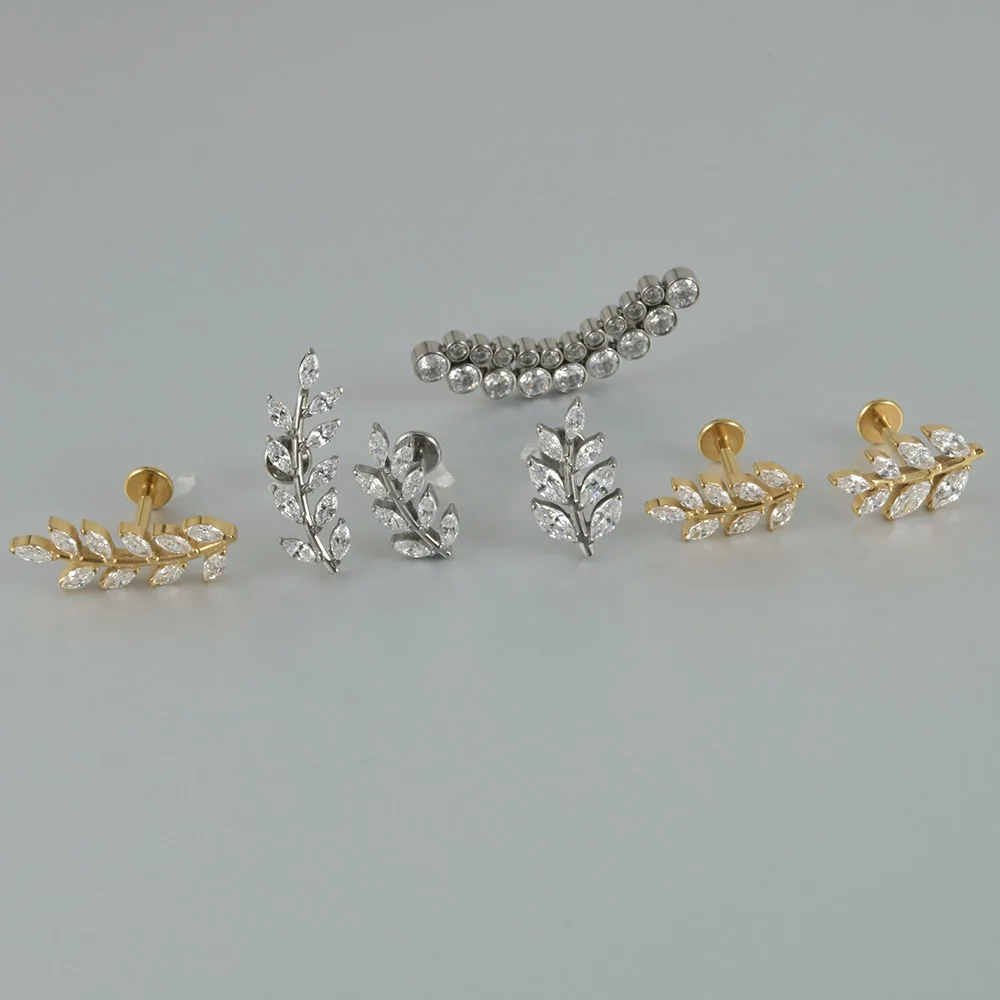 G23 Solid Titanium Leaf Earring Cartilage Tragus 16G Internally Threaded Helix Lobe Piercing Labret Lip Ring Jewelry