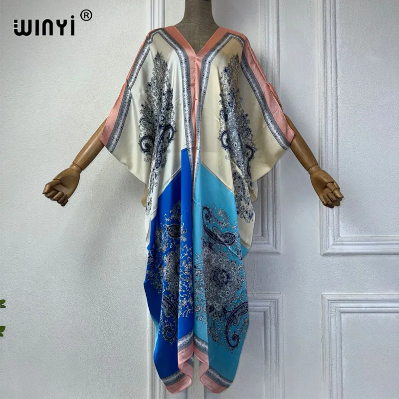 WINYI Summer african V-neck dress Printed beach wear women 2024 Loose Femme Robe Muslim beach cover ups silk feel evening dress