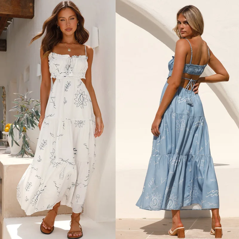

New 2025 Summer Women's Suspender Skirt Backless Lace-up Waist Fresh Girl Dating Party Birthday Holiday Long Dress