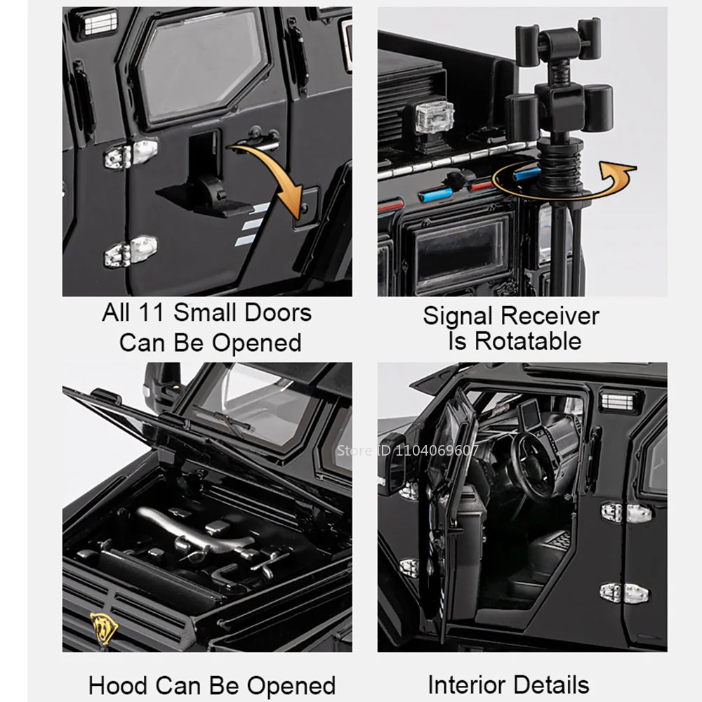 1:24 Modello Spada Tigre dentata Macchinine blindate Pressofuso in lega Macchinine della polizia Suono Luce Porte aperte Veicoli militari Regali per bambini