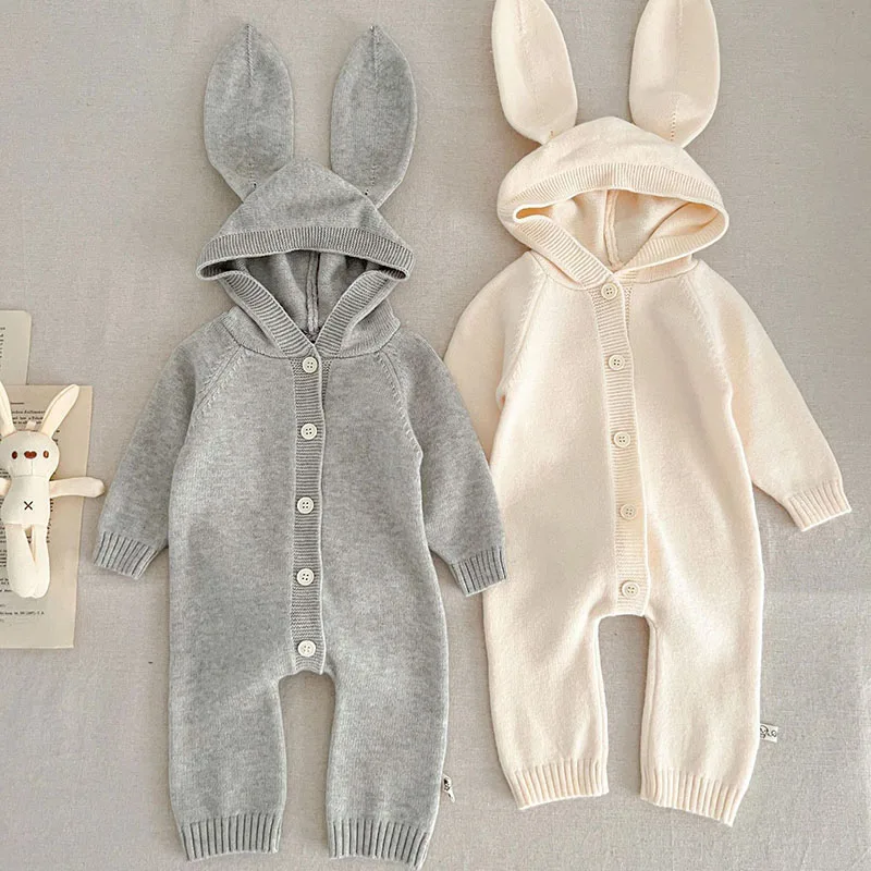 Autumn Winter Baby Girl Boys Knitted Clothing Toddler Baby Girl Knitted Romper Solid Color Hooded Korean Style Climbing Suit